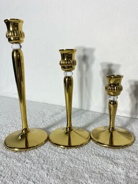Vintage PartyLite Richmond Brass Taper Candlestick Holders Glass Accent Set of 3